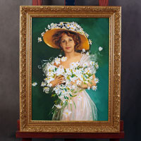Женский портрет по фотографии с художественным фоном маслом на холсте в деревянной российской раме