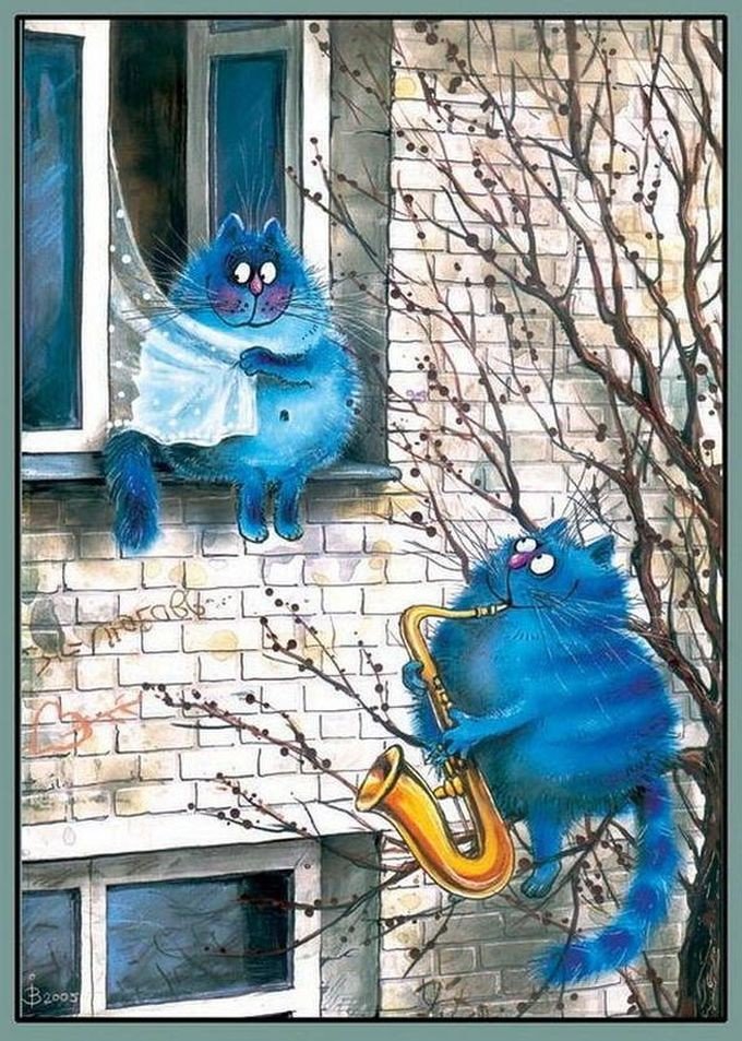 Рисунки с прикольными синими котами от художницы Ирины Зенюк