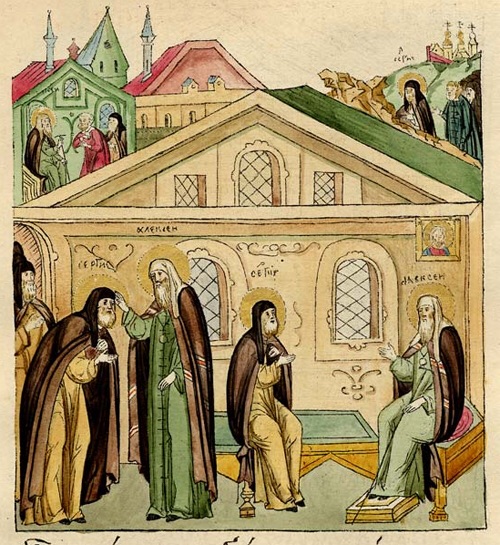 Святитель Алексий, митрополит Московский, упрашивает преподобного принять митрополию после его кончины 