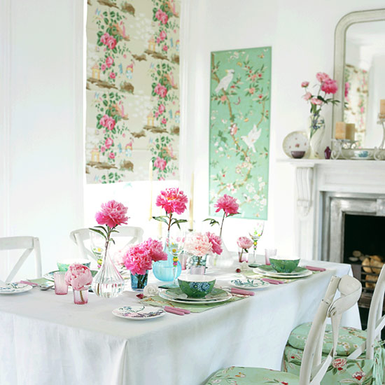 white and mint green with pink roses romantic country diningroom