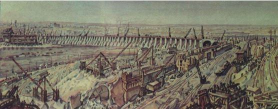 Богаевский К.Ф. Панорама строительства Днепрогэса. 1935.