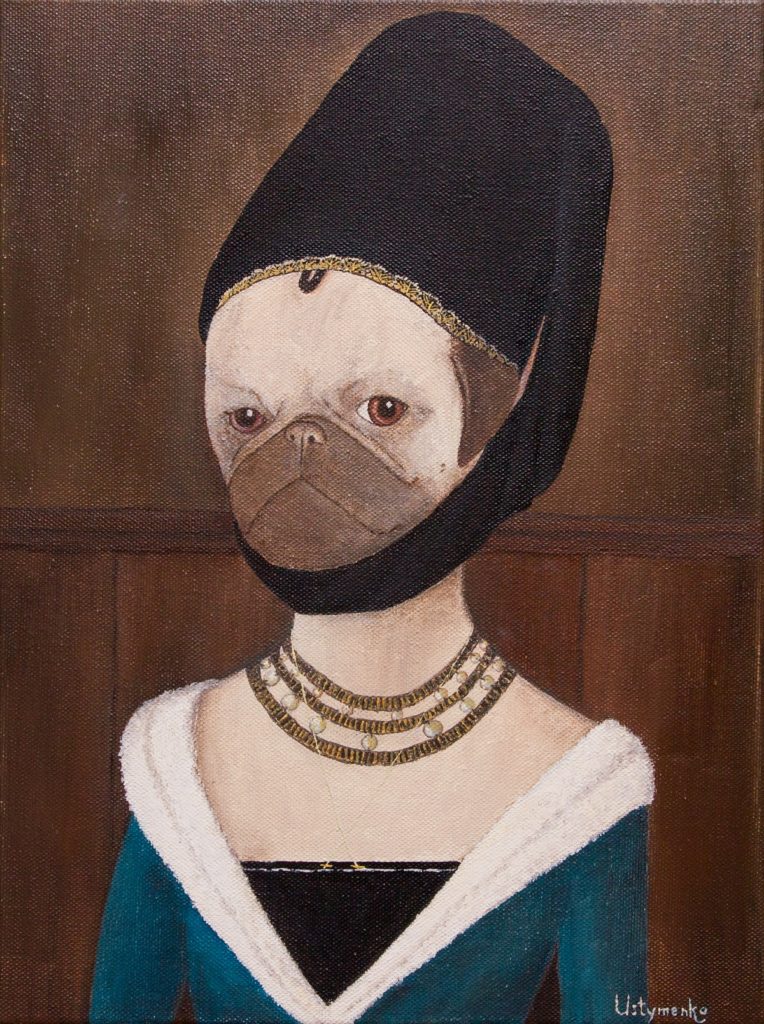 Yuliia Ustymenko -Petrus Pugstus -Portrait of a Young PugGirl. Pug. Oil painting