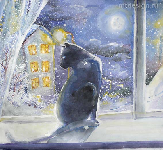 Урок рисования кошки в лунном свете гуашью