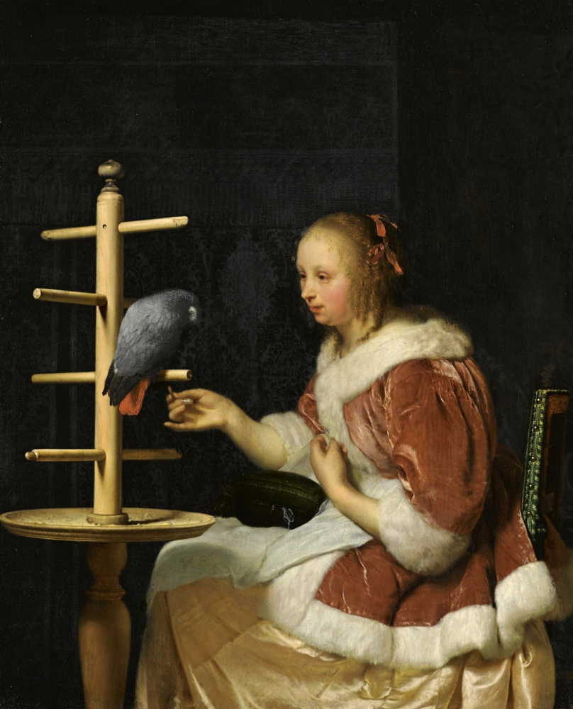 Габриель Метсю. Молодая женщина, кормящая попугая
