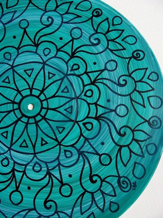 Dark Turquoise Turntable Art - Original Mandala Painting on Vinyl Record in Turquoise/Teal/Aqua - Tribal Inspired Sacred Geometry