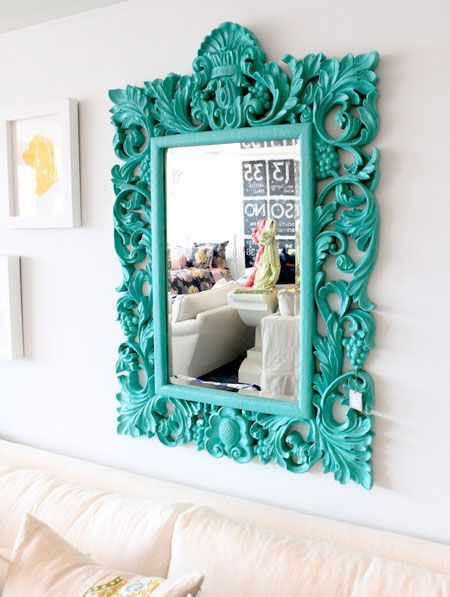 Turquoise Room Ideas: An ornate mirror has a modern edge when painted in bright turquoise. This would make a great DIY project.