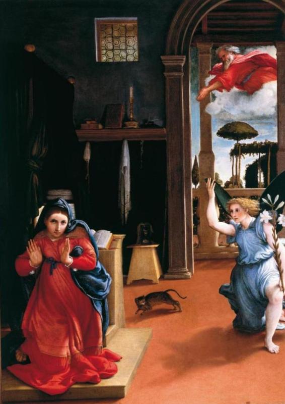 Благовещение - Лоренцо Лотто (1527, Пинакотека, Реканати)
