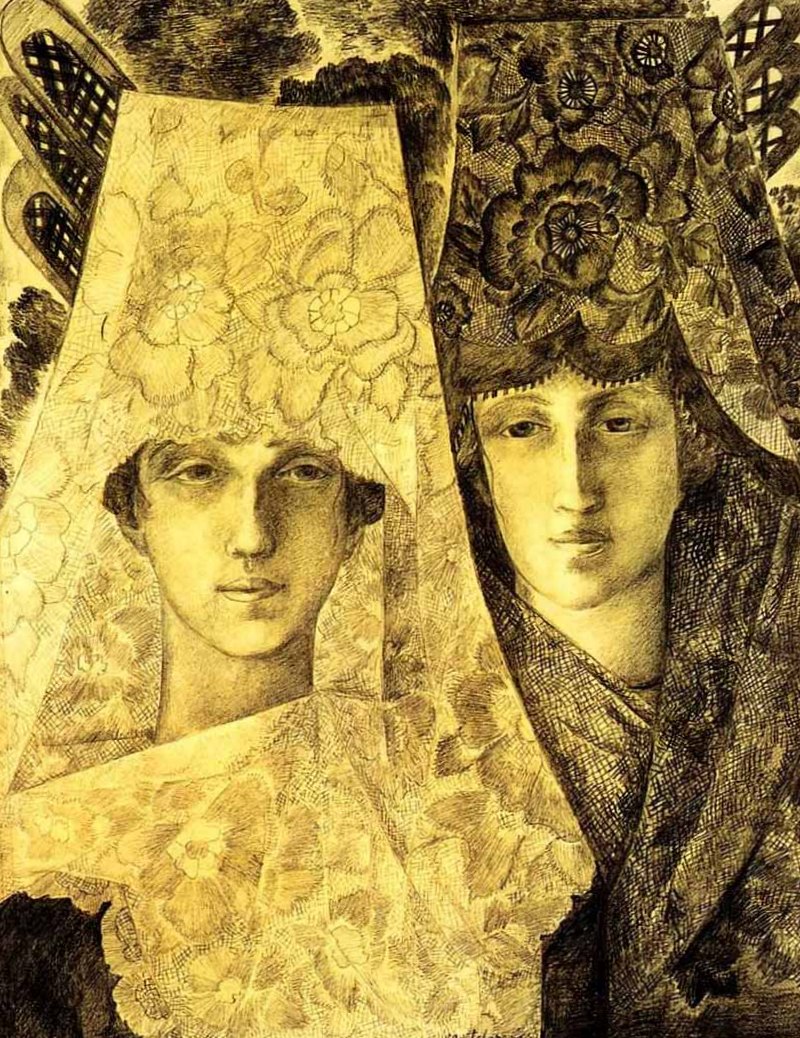 Гончарова Наталья Сергеевна - Испанки (Гальский петух) (1916г, Бумага, графитный карандаш 64,2 х 49, Третьяковская галерея, Москва)