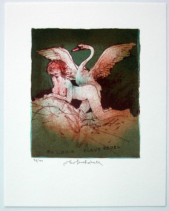 Künstler / artist: SUCHANEK VLADIMIR Thema / theme: Leda und der Schwan Technik / technique: L1 Lithografie Bildgröße / image: ca. 12x10 cm Papiergröße / paper: ca. 20x14,5 cm