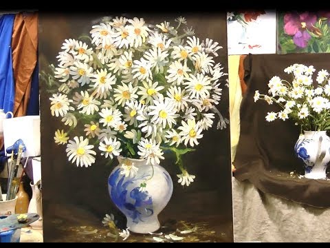 Картина маслом поэтапно "Букет полевых ромашек".Часть II.Chamomile.Picture