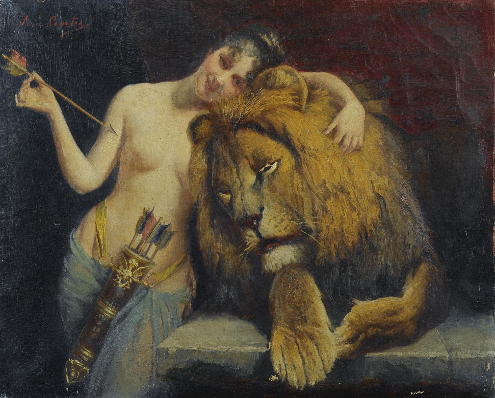 Angelo von Courten, 1848-1925. Диана и лев. 38 х 47 см. Частная коллекция