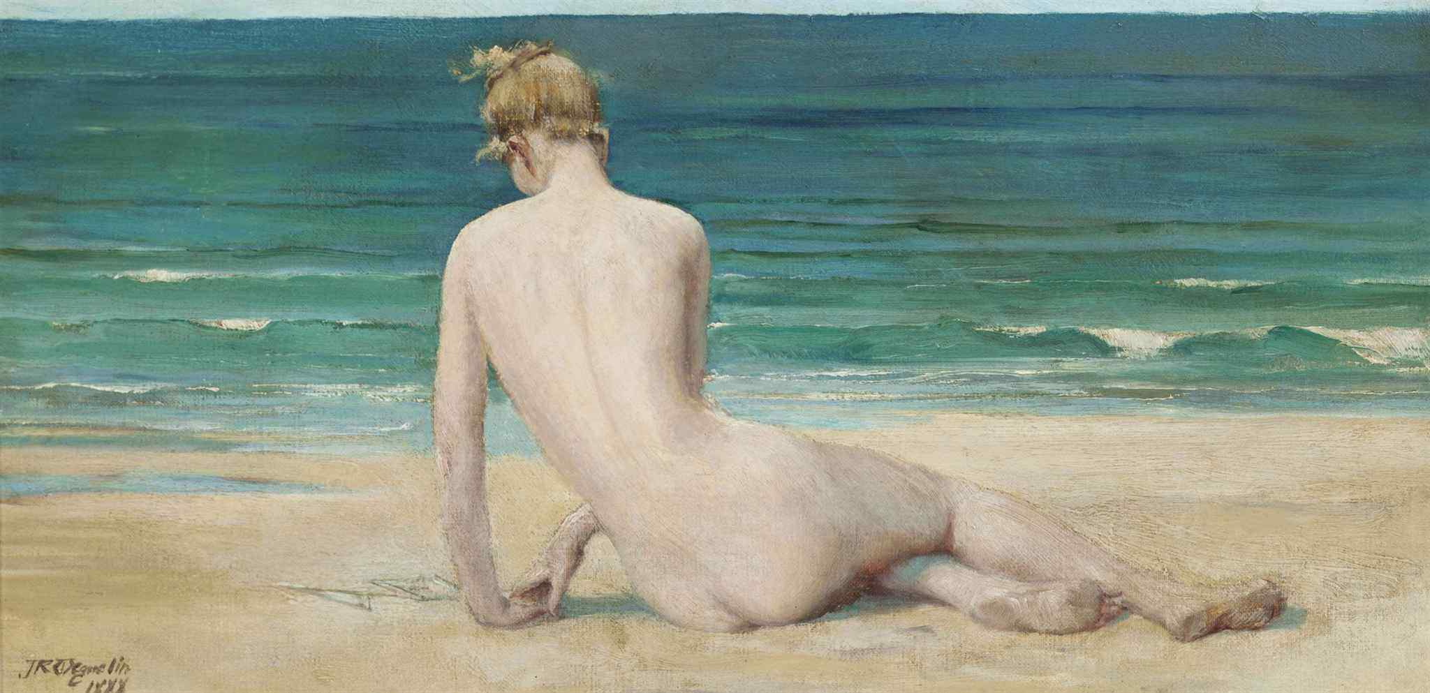John Reinhard Weguelin, 1849-1927. Обнаженная на берегу. 1888. 25.4 x 51.4 см. Частная коллекция