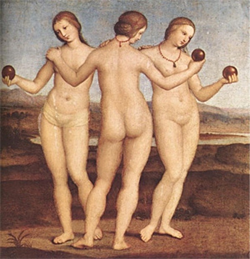 Фото. "Три грации". Рафаэль Санти, 1504-1505 гг., Галерея Шантильи.