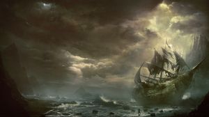 Превью обои горы, тучи, море, корабль, парусник, разрушенный
