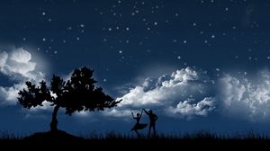 Превью обои пара, танец, небо, ночь, дерево, силуэты, облака, звезды