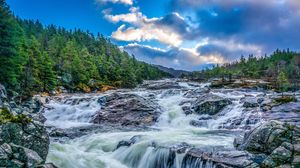 Превью обои водопад, камни, скалы, пейзаж, вечер, деревья