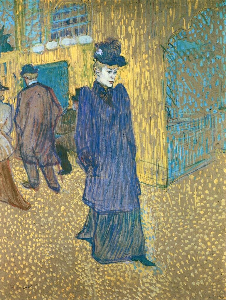Jane Avril Leaving the Moulin Rouge - 1892 - Wadsworth Atheneum - Hartford, CT - Painting oil on cardboard.jpg