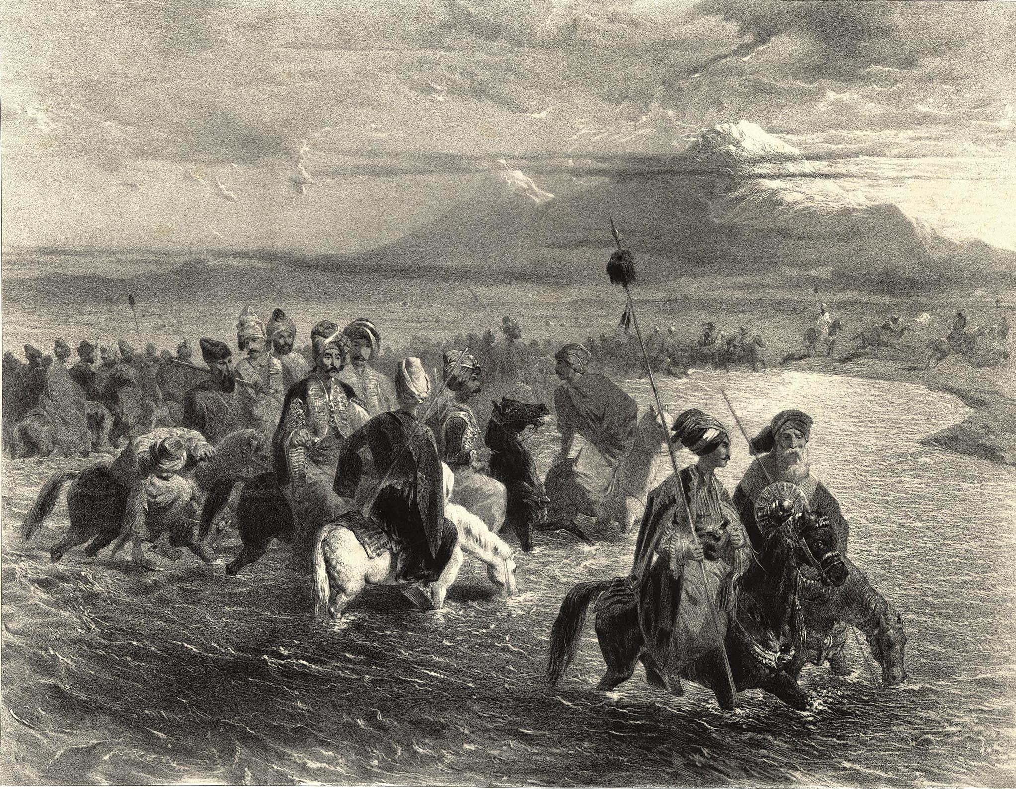 14. Armenie. Tribu kurde passant un gue sur L&apos;arax / Армения. Курды переходят реку Аракс
