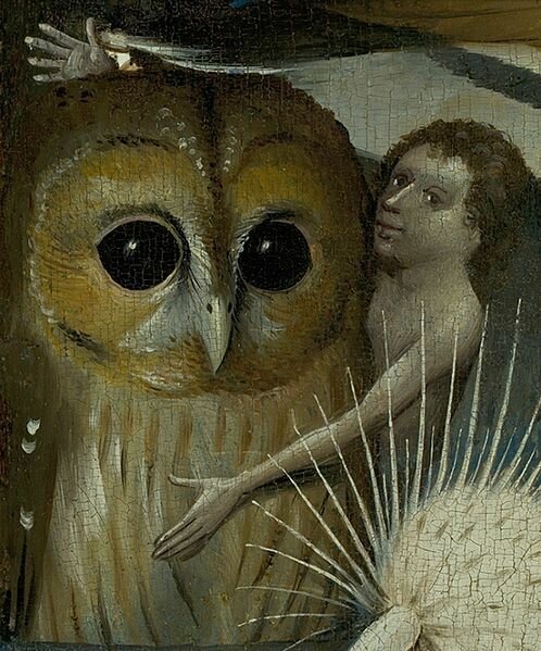 Hieronymus Bosch - The Garden of Earthly Delights Central panel, Detail with Owl and boy or young man (lower left)