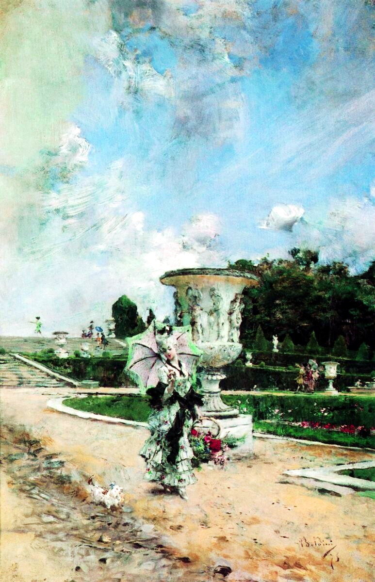 Giovanni Boldini (1842-1931) - Дама с корзиной цветов и собачкой в Версале 