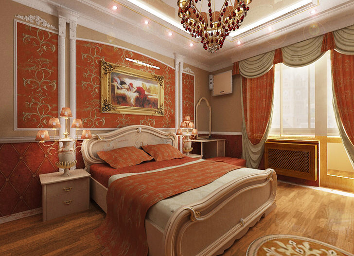 Спальня в стиле ампир для молодой леди. Яркий коралловый цвет в сочетании с золотым узором делает дизайн по-настоящему эксклюзивным и стильным.