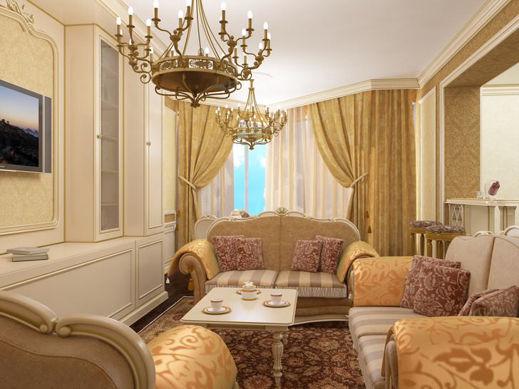 Современный стиль барокко: изогнутая салонная мебель, габелен с золотым шитьём, массивные позолочёные люстры.
