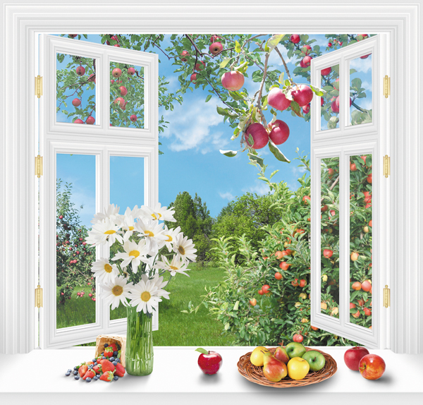 Фотообои окно в сад нужно качественно подсветить для улучшения вида