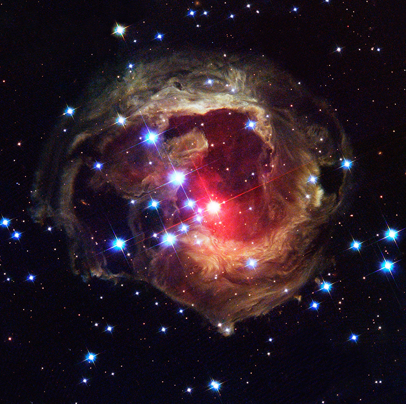 The Hubble Space Telescope's latest image of the star V838 Monocerotis (V838 Mon) reveals dramatic changes in the illumination of surrounding dusty cloud structures. The effect, called a light echo, has been unveiling never-before-seen dust patterns ever since the star suddenly brightened for several weeks in early 2002.