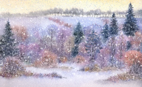 Акварель пейзаж. Снегопад на долину — стоковое фото