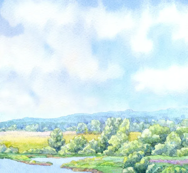 Акварель фон. Солнечный летний день в зеленой долине — стоковое фото