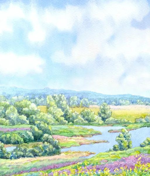 Акварель фон. Солнечный летний день в зеленой долине — стоковое фото