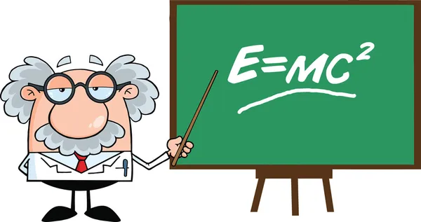 Смешные ученый или профессор с указателем, представляя Формула Эйнштейна — стоковое фото