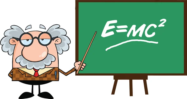 Профессор с указателем, представляя Формула Эйнштейна — стоковое фото