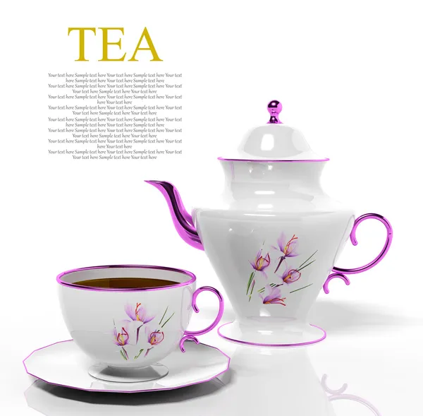 Фарфоровый чайник и чашки на белом фоне — стоковое фото
