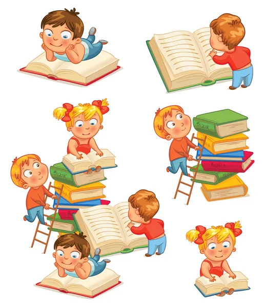 Дети, читая книги в библиотеке — стоковый вектор