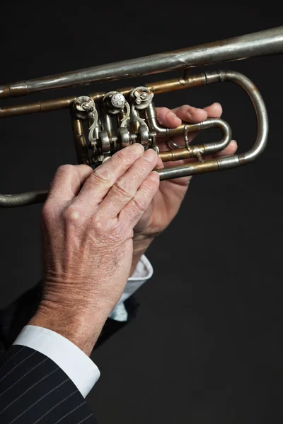 Крупным планом старший мужской руки игры труба — стоковое фото
