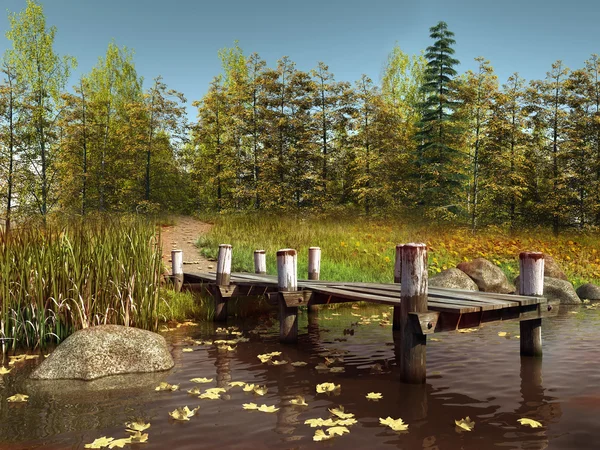 Деревянный причал на озере с листьями — стоковое фото