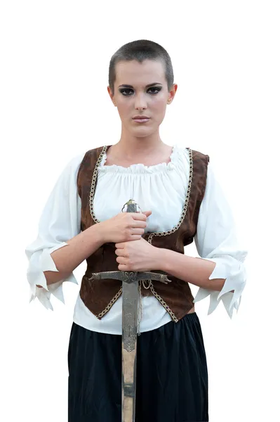 Портрет молодой женщины воина с мечом, как Джоан дуги — стоковое фото