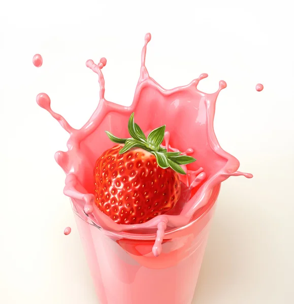 Клубника, плещущаяся в стакан полный молочный коктейль — стоковое фото