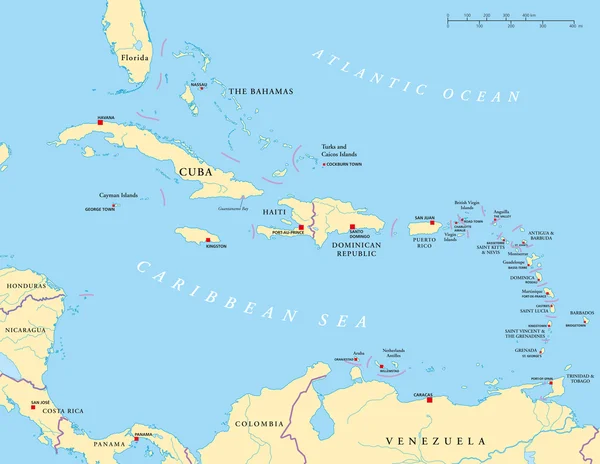 Карибский бассейн - большие и Малые Антильские острова - политическая карта — стоковый вектор