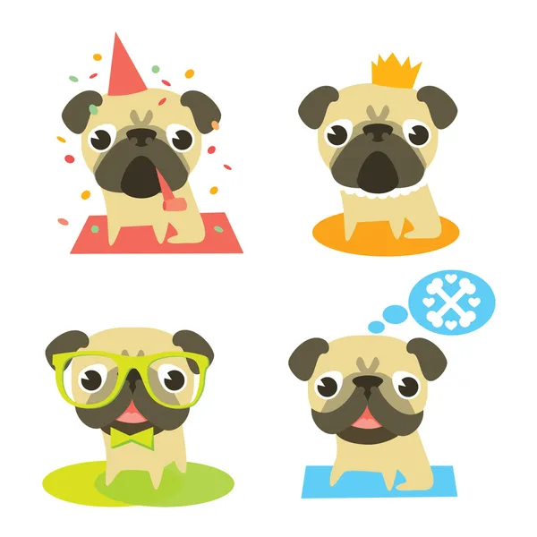 Смешной мопс собаки в разные ситуации: день рождения, мопс принц, мопс битник и мечтает мопс мопс в — стоковый вектор