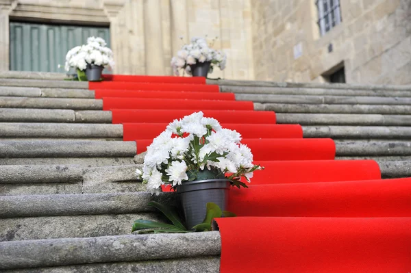 Красный ковер на каменной лестнице — стоковое фото