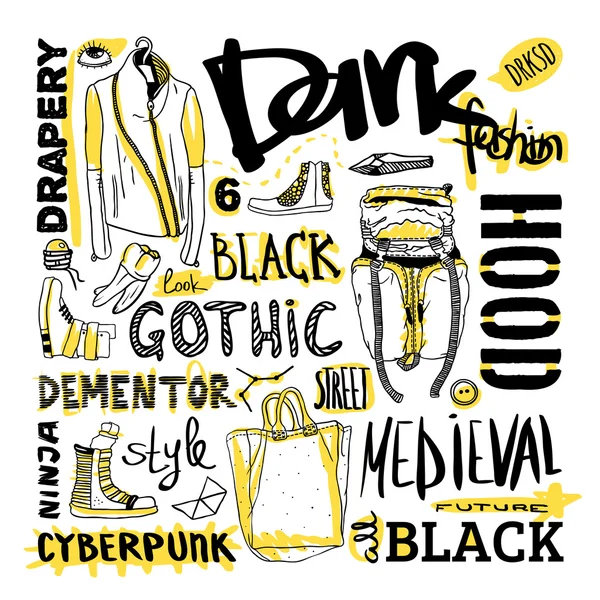 Вектор черный, белый и желтый doodle набор, темно моды, киберпанк, стиль — стоковый вектор