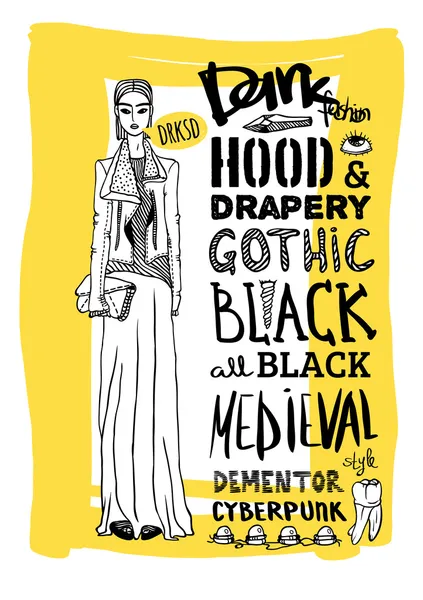 Вектор черный, белый и желтый doodle набор, темно моды, киберпанк, стиль — стоковый вектор
