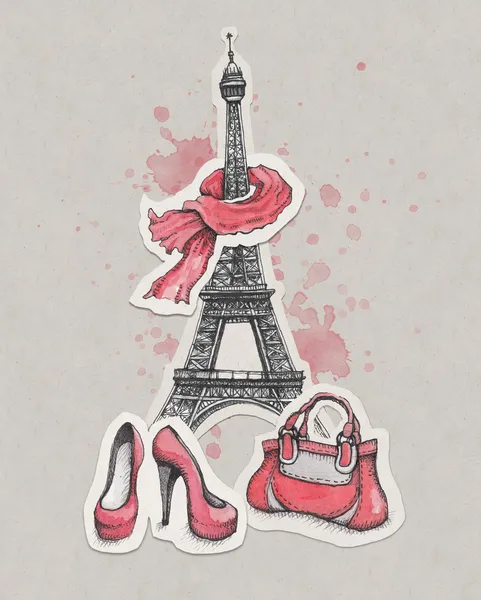 Эйфелева башня, обувь и сумочка — стоковое фото