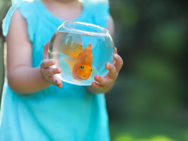 Маленькая девочка, держа аквариум с золотыми рыбками на природе — стоковое фото