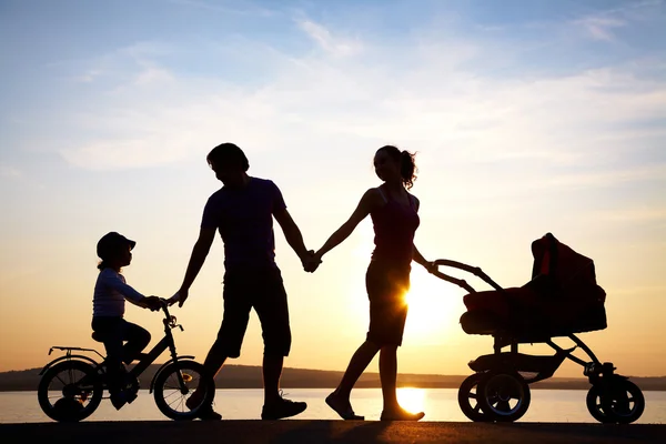 Счастливая семья, идущая на закате — стоковое фото