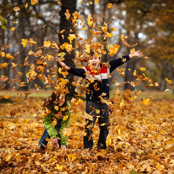 Дети, играющие в осеннем парке Стоковая Картинка