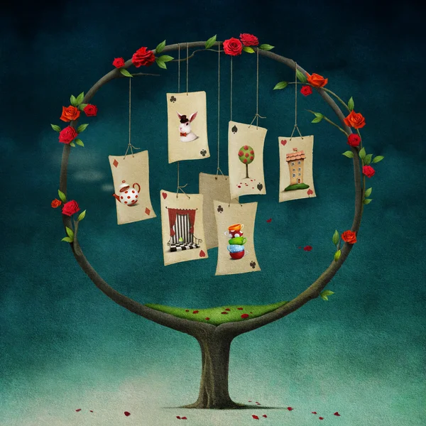 Иллюстрации сказка Алиса в стране чудес с круглой дерево и карты — стоковое фото