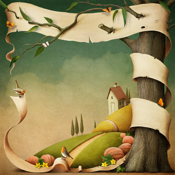Плакат или иллюстрации с баннером и Осенний пейзаж с домом Лицензионные Стоковые Фото